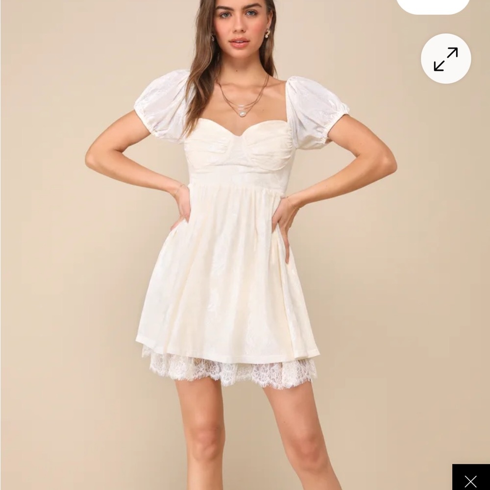 Ivory Lace Puff-Sleeve Mini Dress